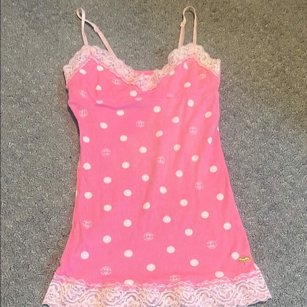 VS Pink Polka Dot Lace Trim Camisole- Original Y2K